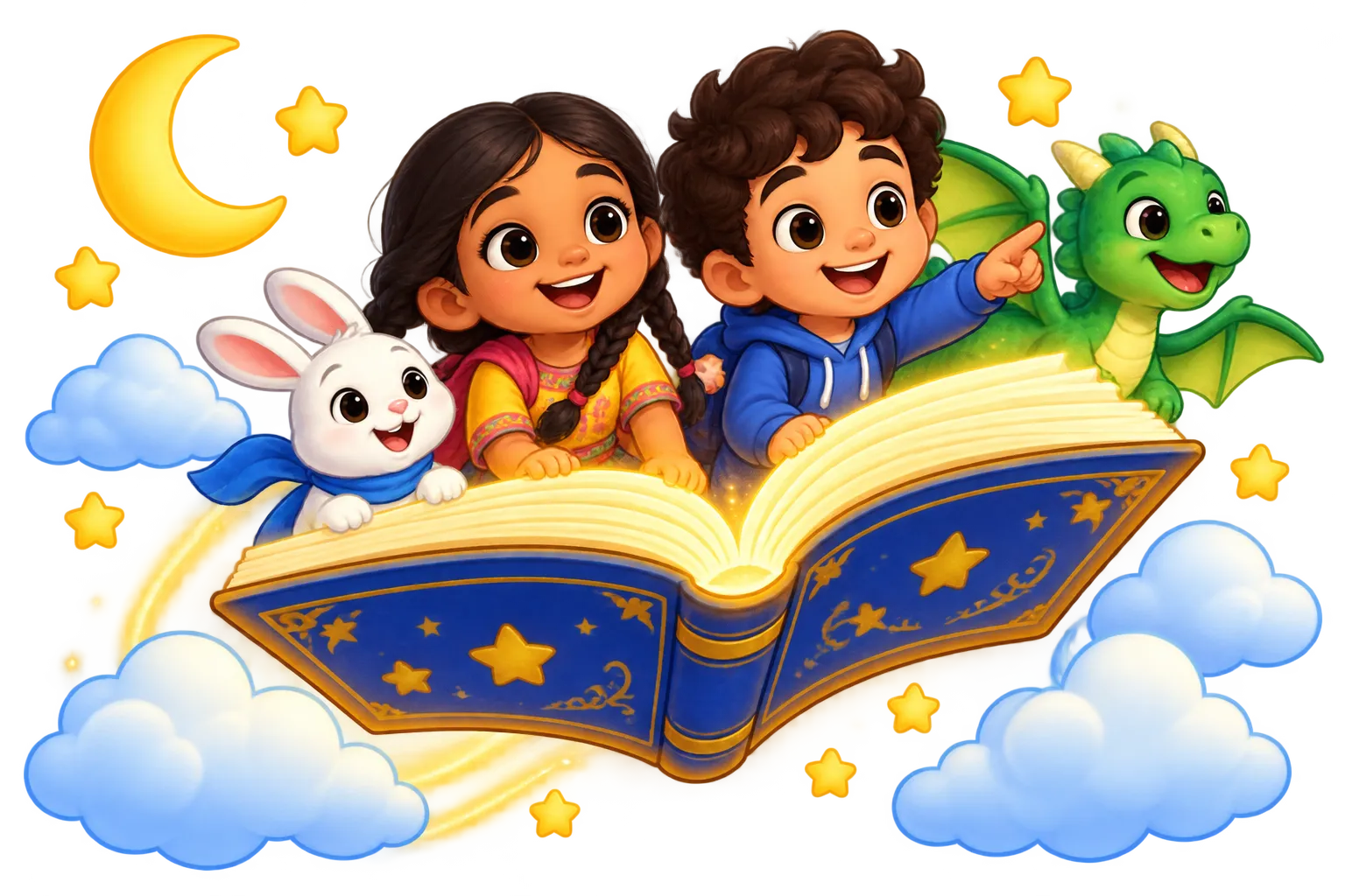 Two children flying on a magic storybook with a bunny and a little dragon